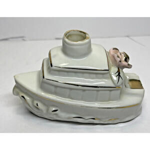 Vintage 1940s Porcelain Boat Tug Ship Pink Rose Ashtray Snuffer Japan Gold Trim